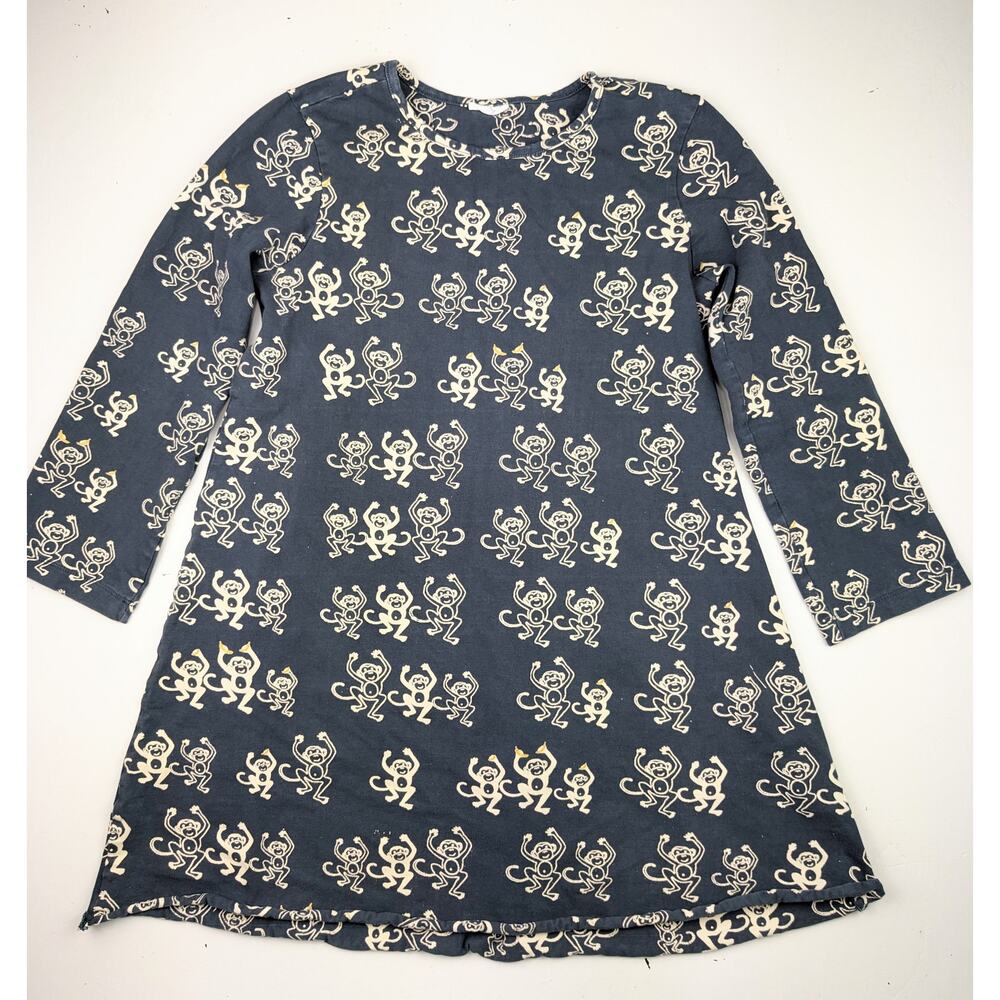 Little Handprint Monkey Dress Blue & Cream Girls 10